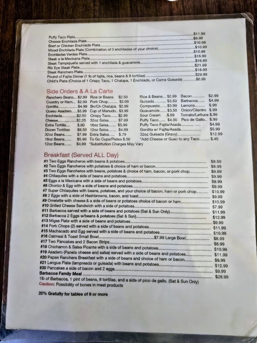 Garibaldi Mexican Restaurant menu board