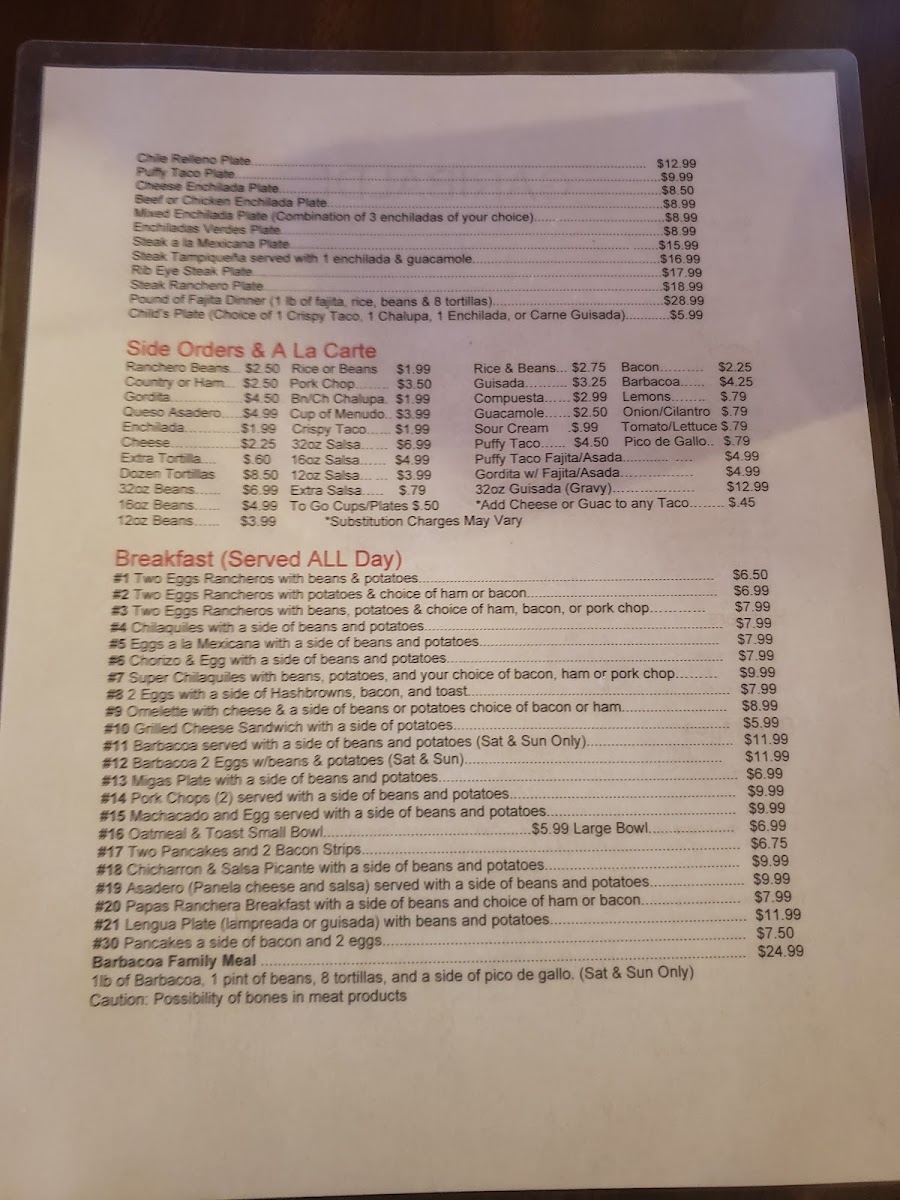 Garibaldi Mexican Restaurant menu board