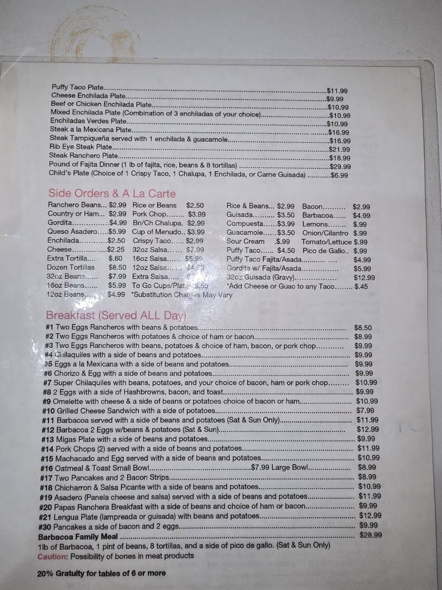 Garibaldi Mexican Restaurant menu board
