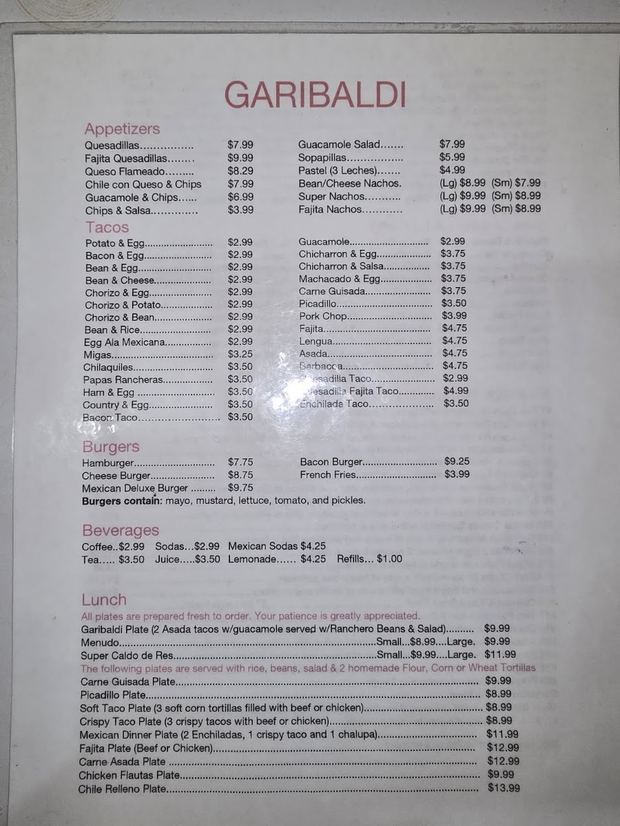 Garibaldi Mexican Restaurant menu board