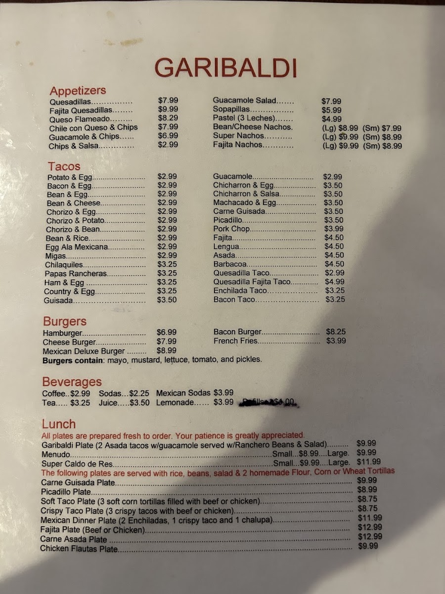 Garibaldi Mexican Restaurant menu board