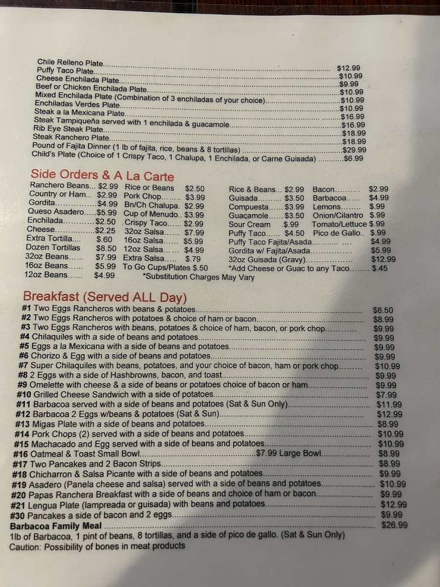 Garibaldi Mexican Restaurant menu board