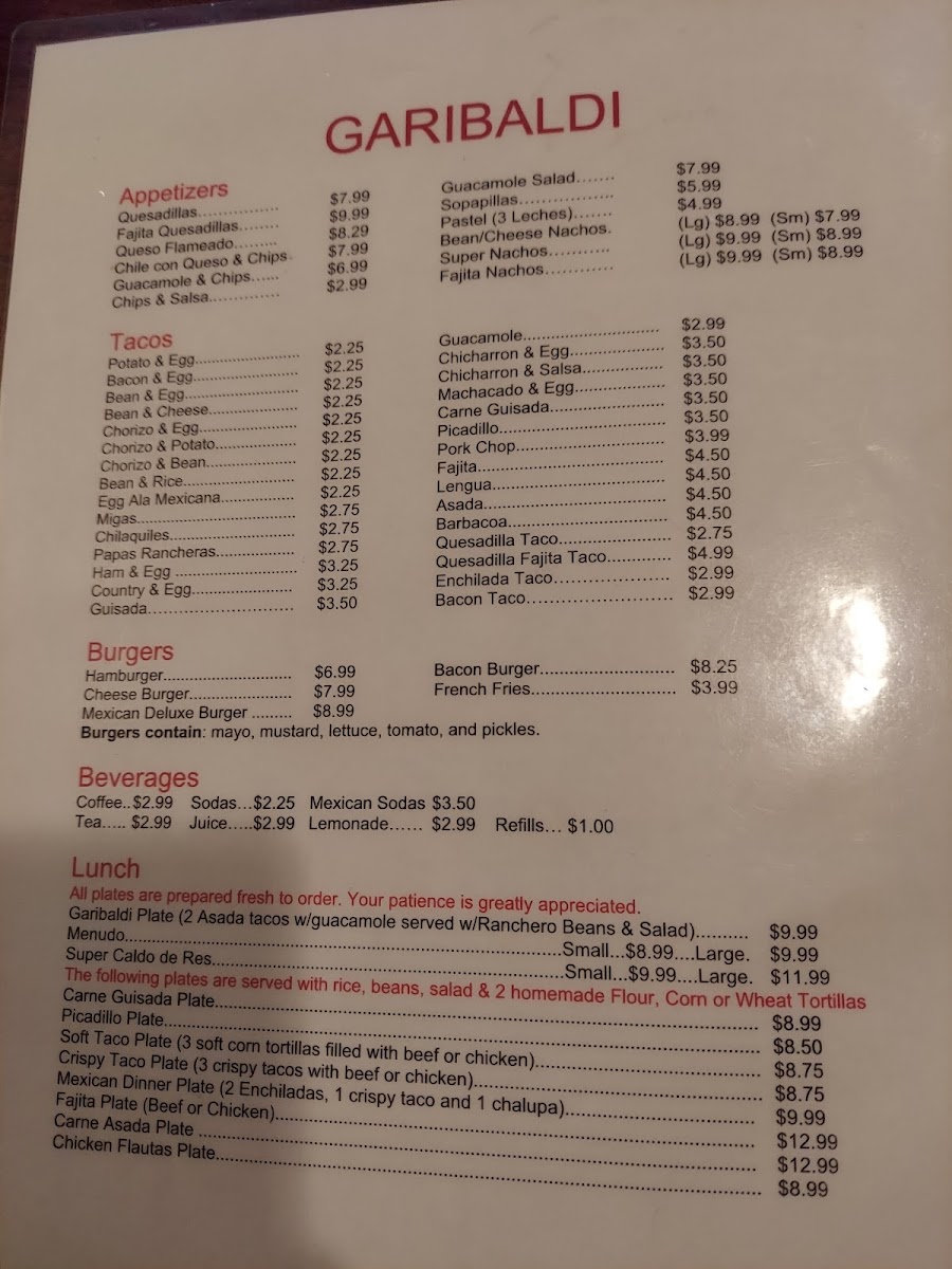 Garibaldi Mexican Restaurant menu board