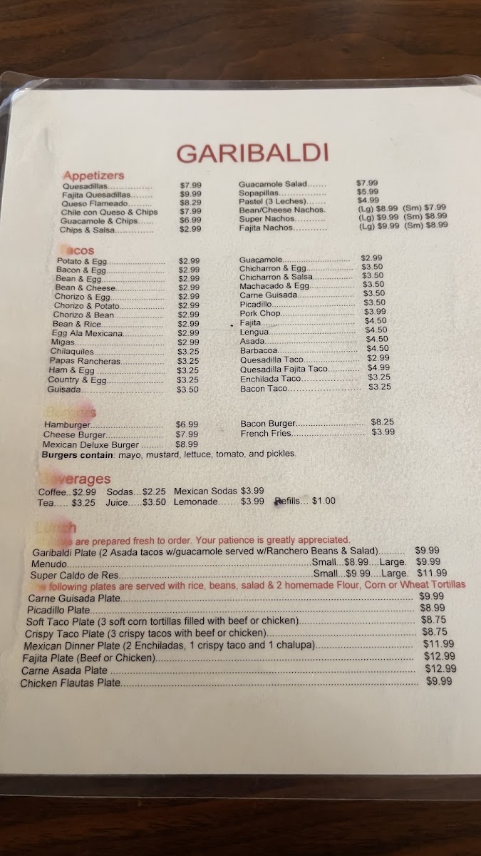Garibaldi Mexican Restaurant menu board