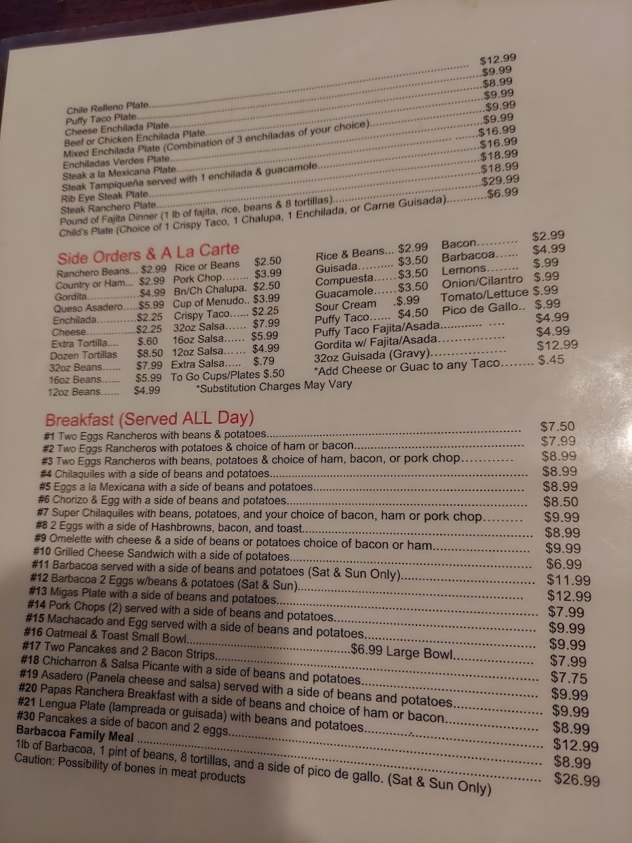 Garibaldi Mexican Restaurant menu board