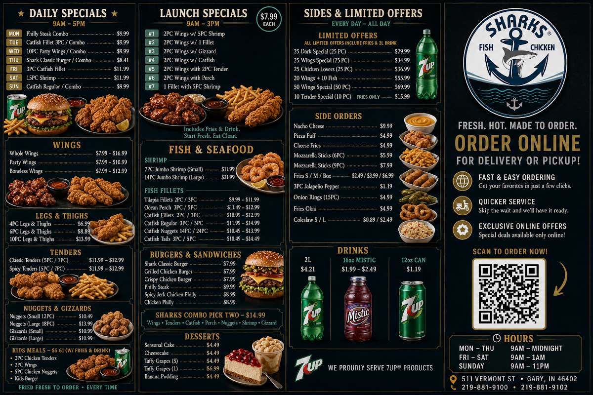 Shark's Fish & Chicken menu board