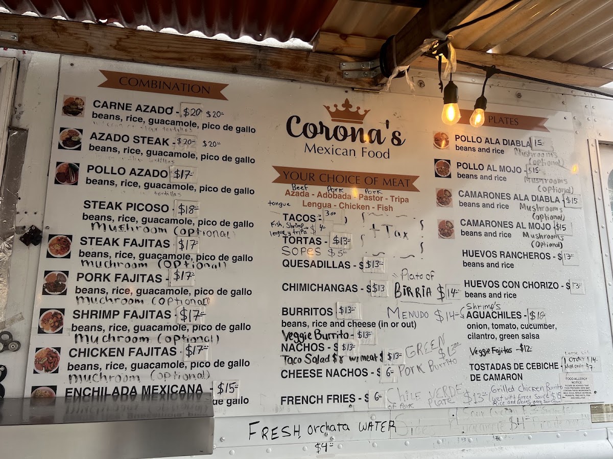 Coronas Mexican Food menu board