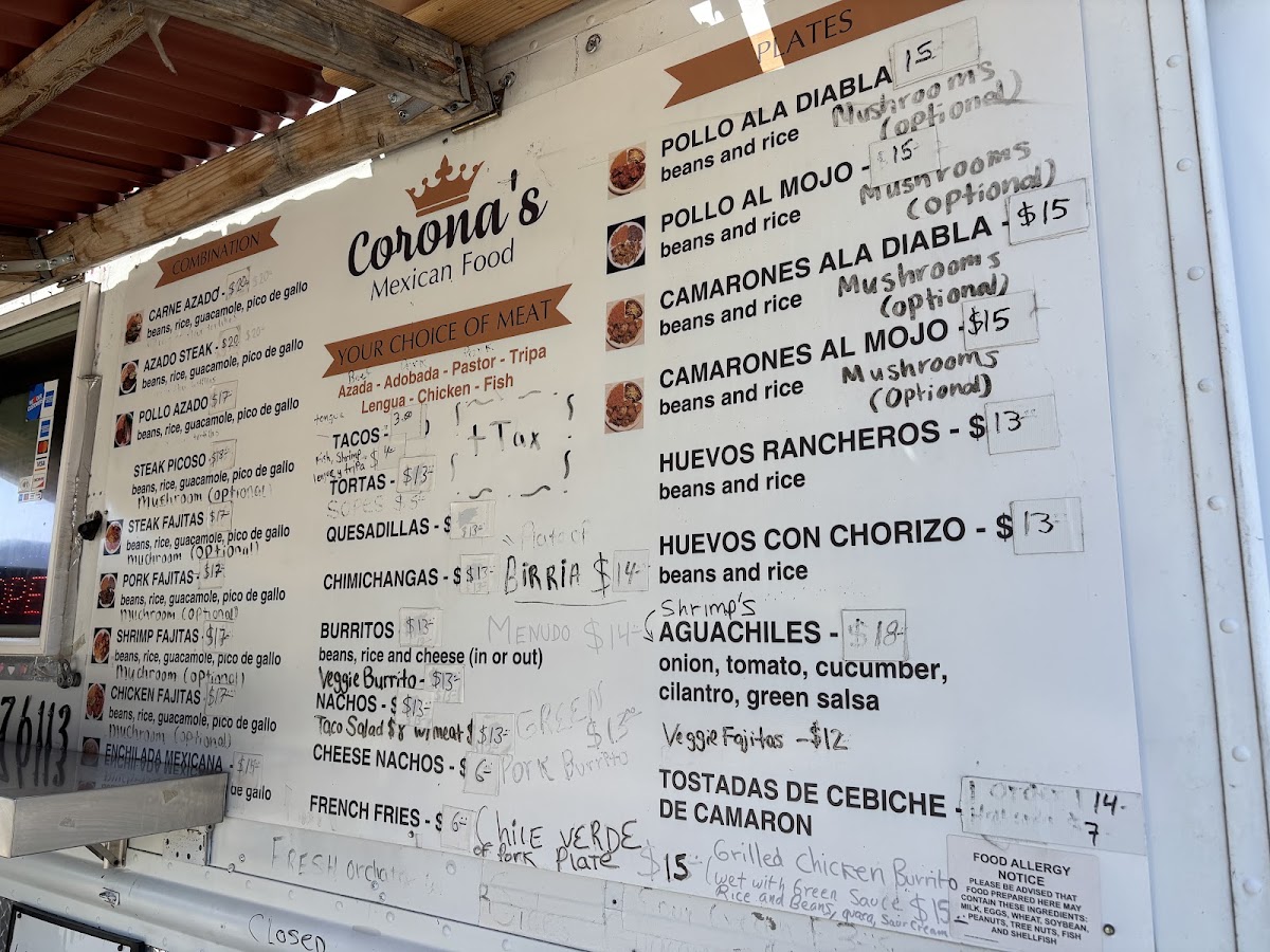 Coronas Mexican Food menu board