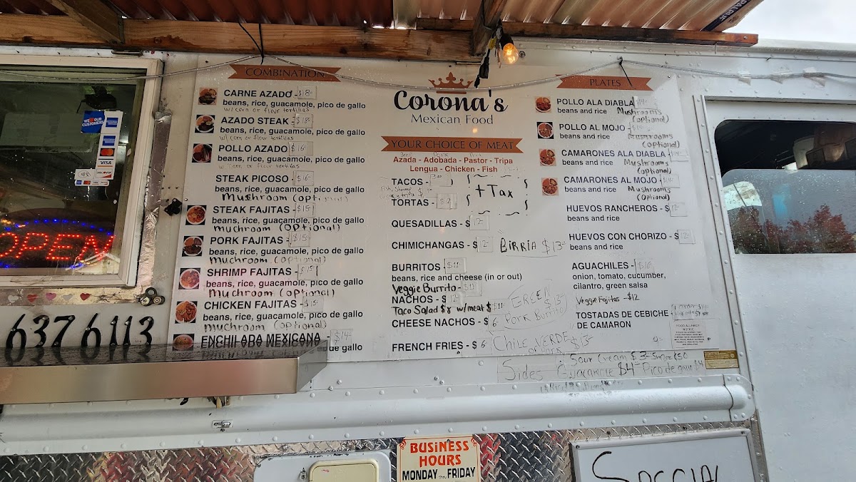 Coronas Mexican Food menu board
