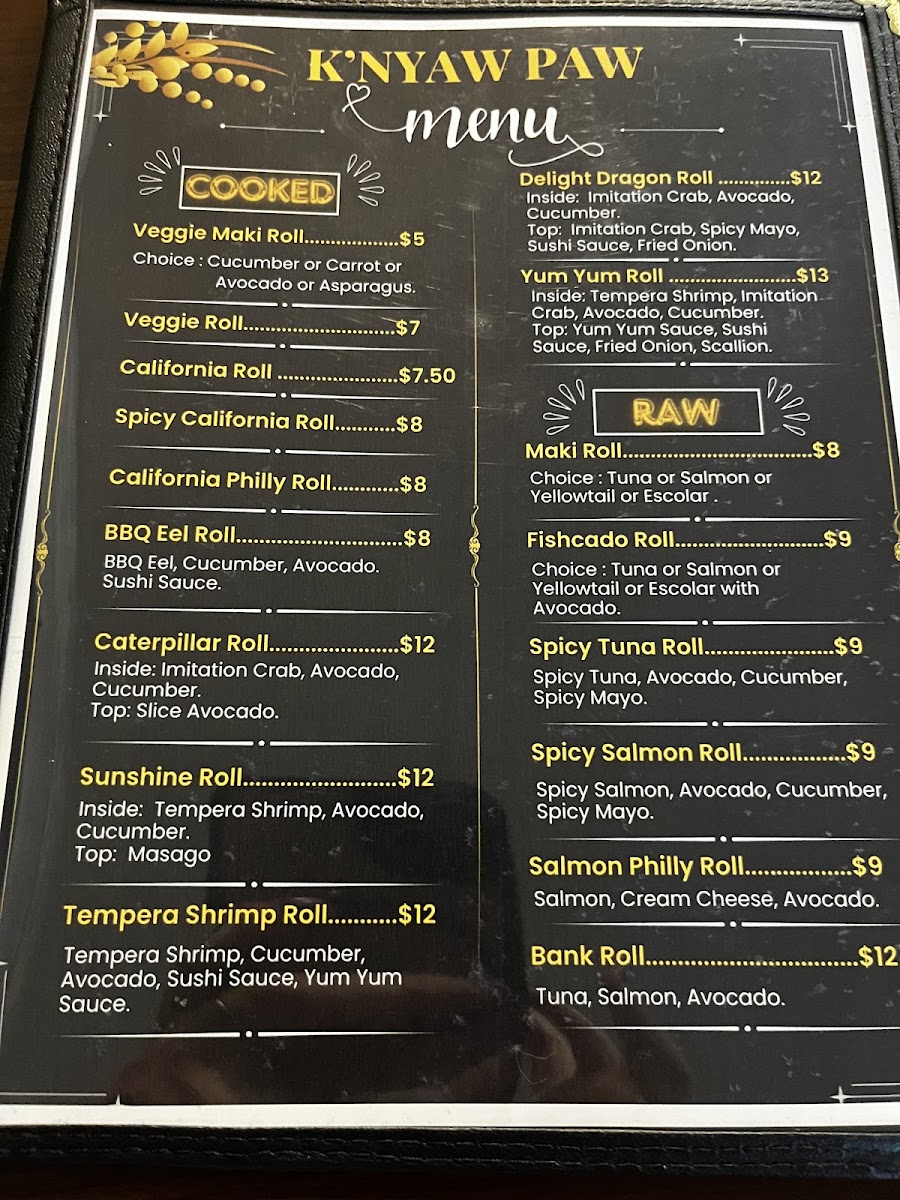 K'nyaw Paw menu board