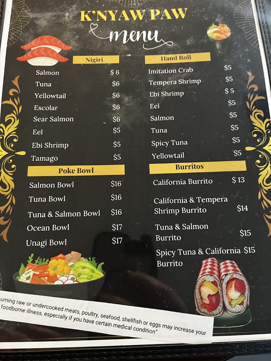 K'nyaw Paw menu board