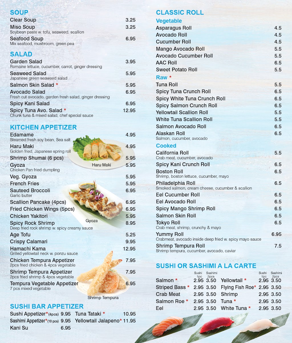 Saka Sushi and Asian Cuisine menu board