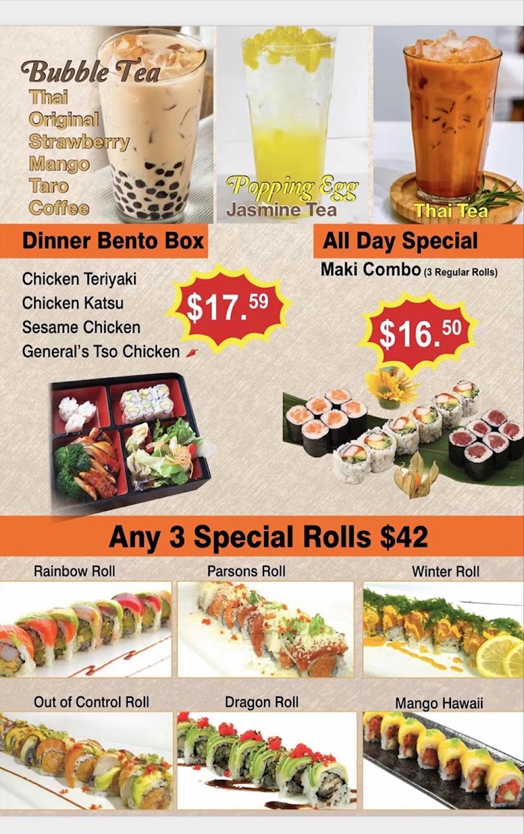 Saka Sushi and Asian Cuisine menu board