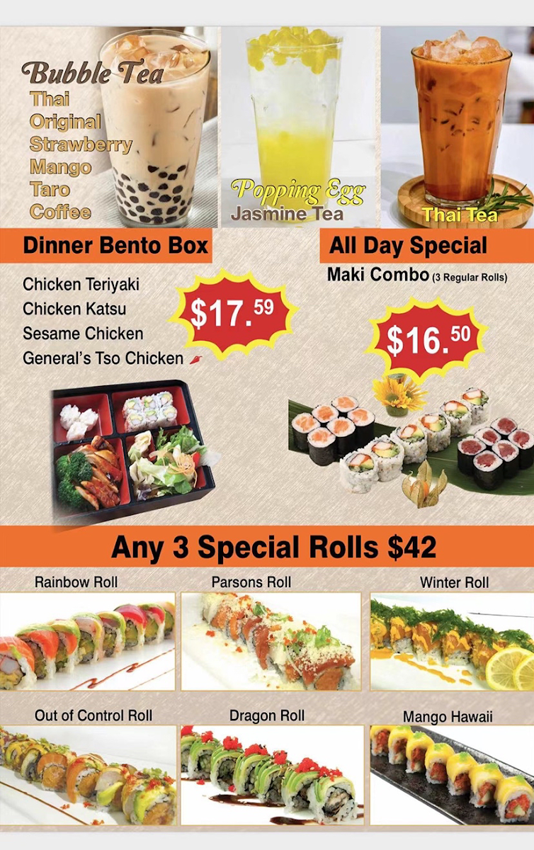 Saka Sushi and Asian Cuisine menu board