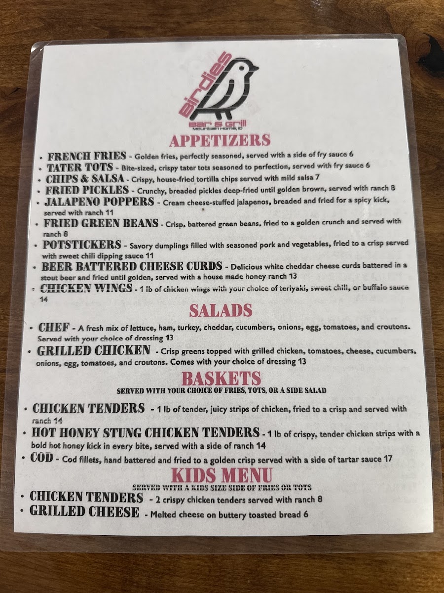 Birdies Bar & Grill menu board