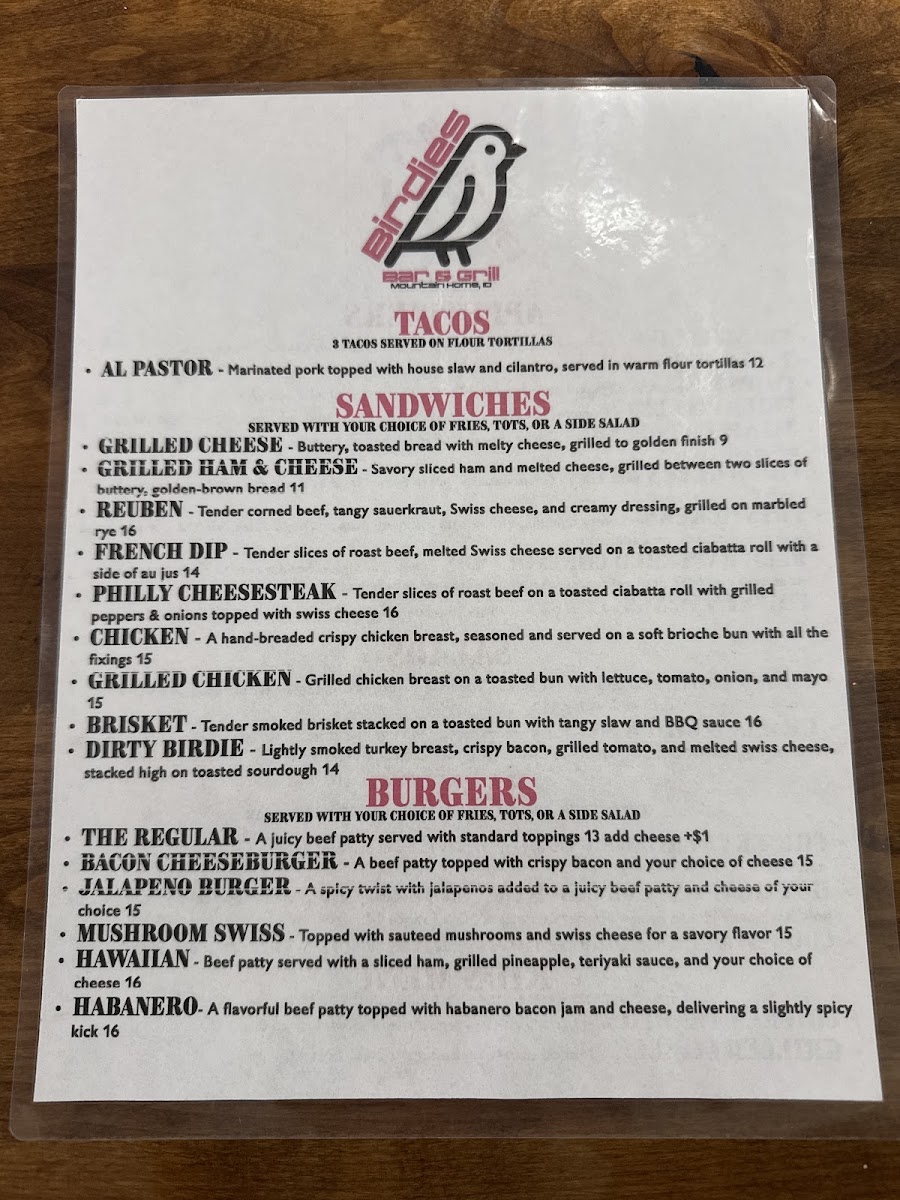 Birdies Bar & Grill menu board