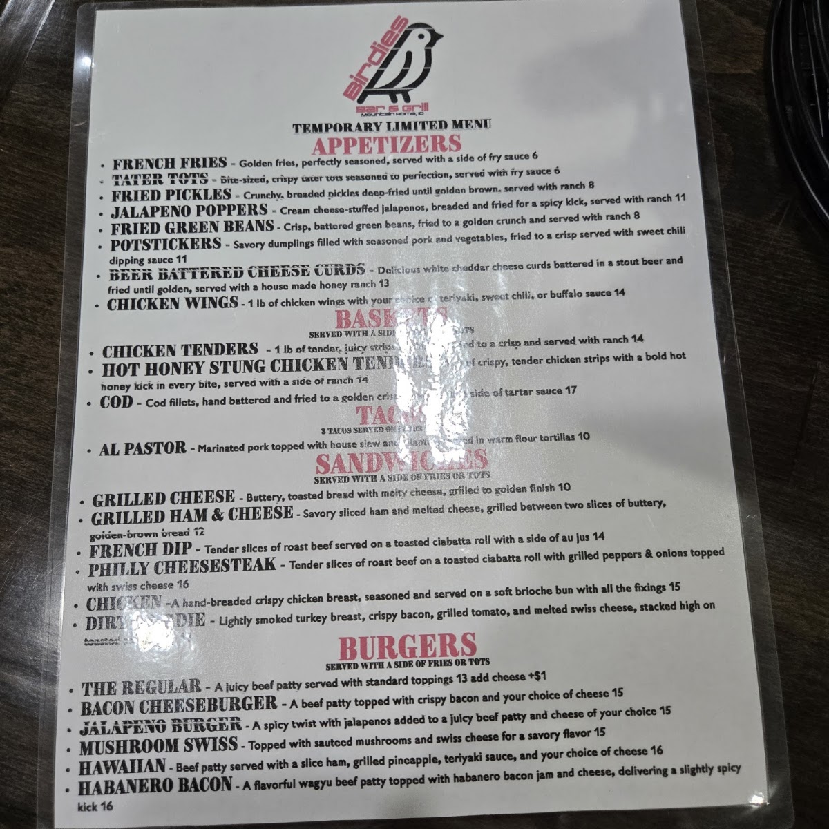 Birdies Bar & Grill menu board