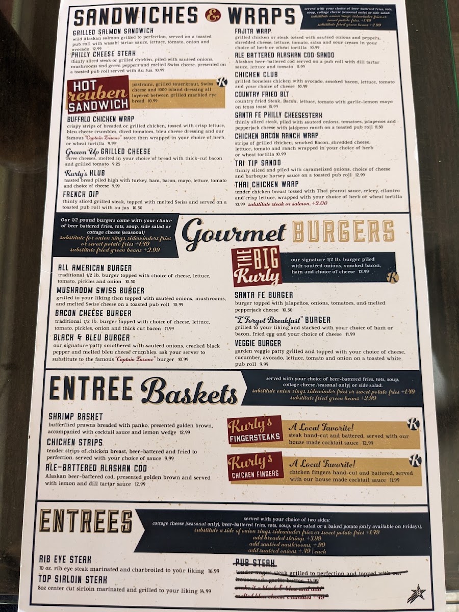 Birdies Bar & Grill menu board
