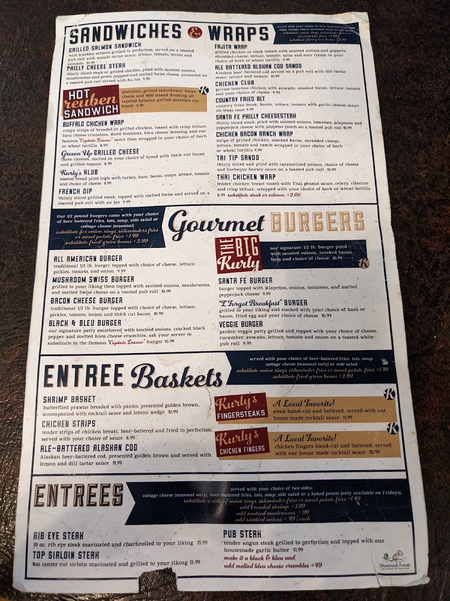 Birdies Bar & Grill menu board