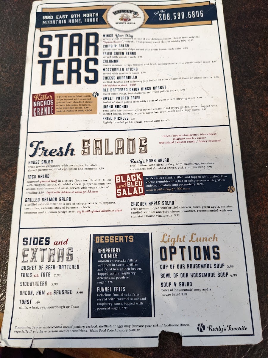 Birdies Bar & Grill menu board
