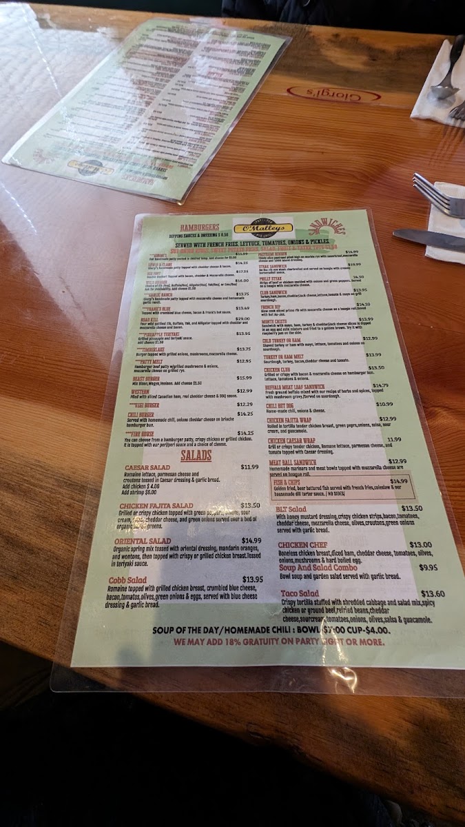 O'Malleys Sports Pub & Grill menu board