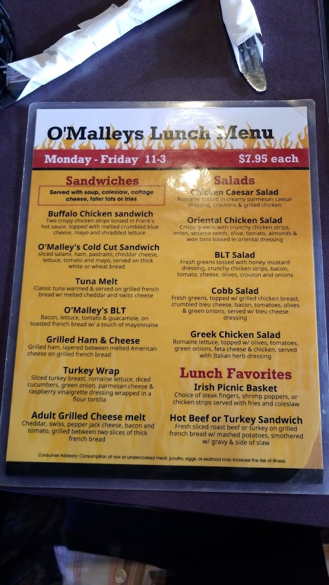 O'Malleys Sports Pub & Grill menu board