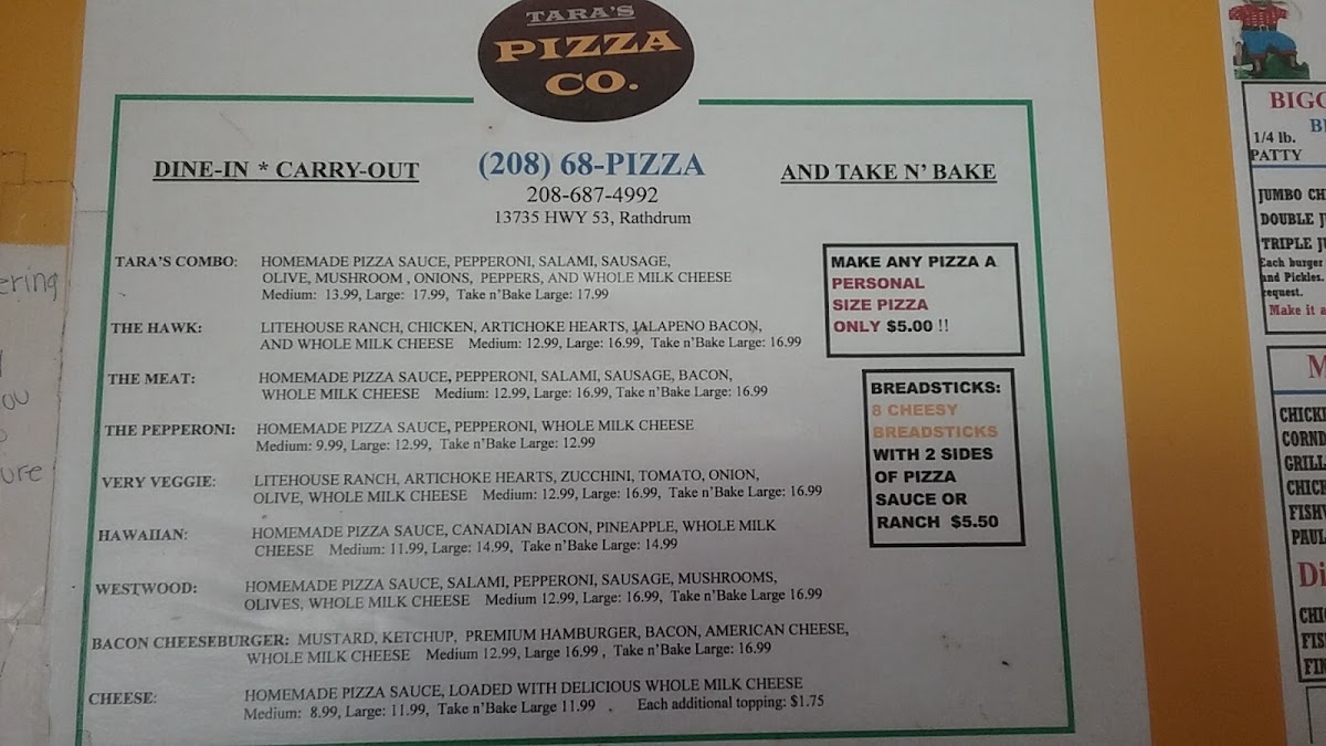Tara's Pizza Company menu board