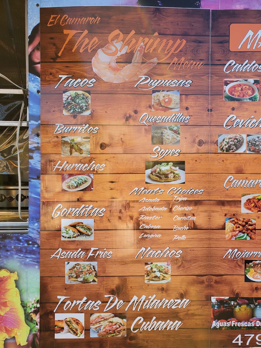 Mariscos El Camarón menu board
