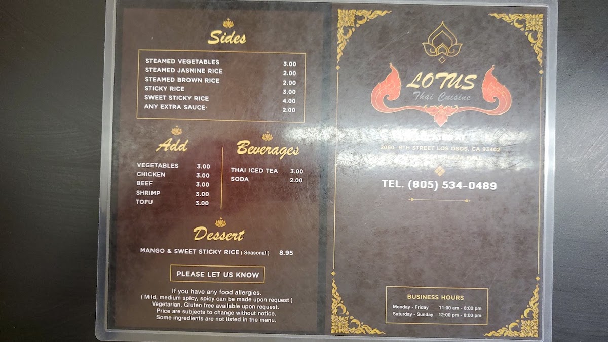 Lotus Thai Cuisine menu board