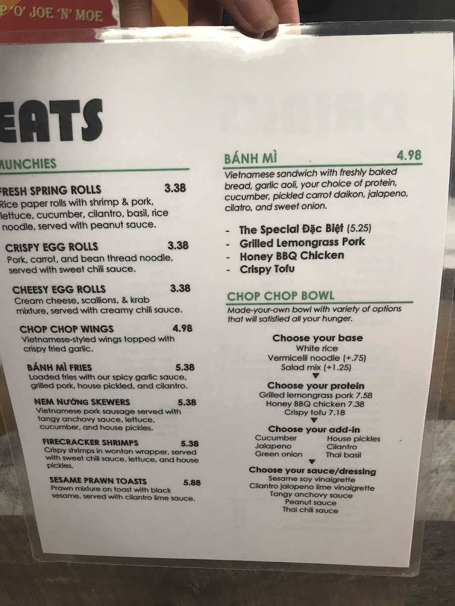 Chop Chop Asian Bistro menu board
