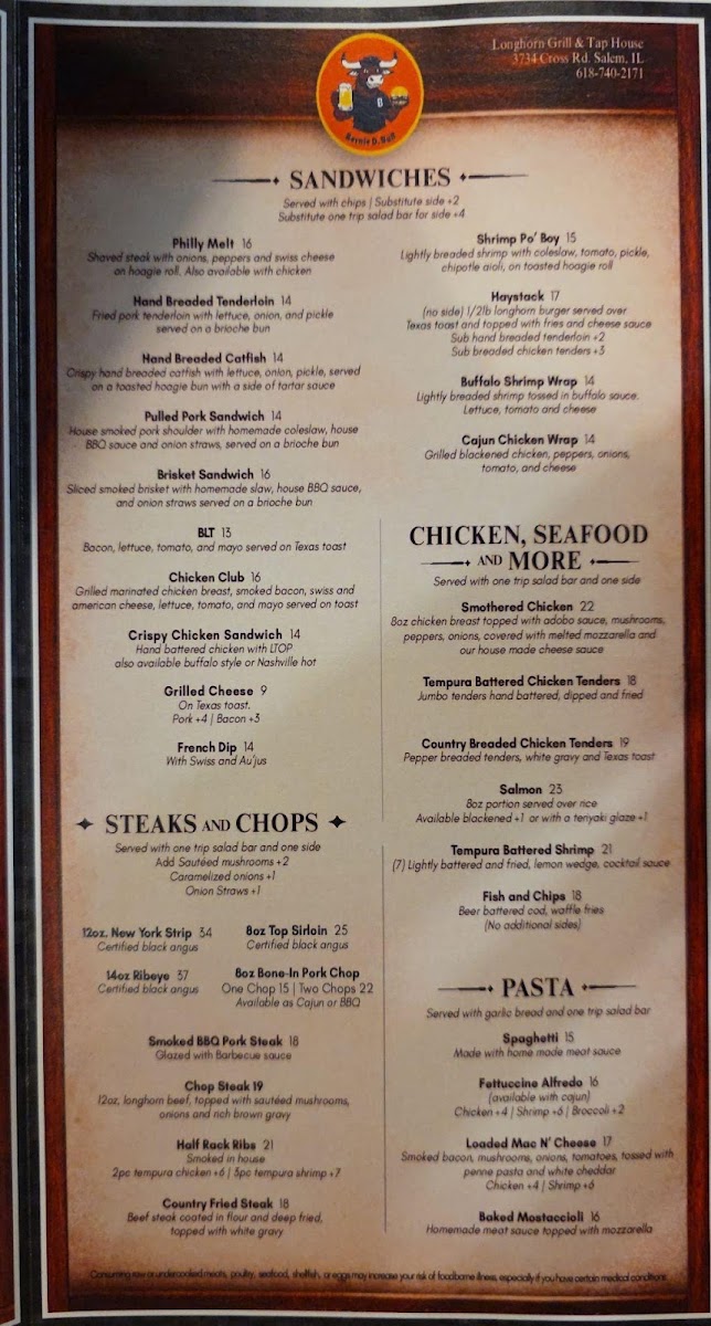 Whiskey Outlaw Steakhouse menu board