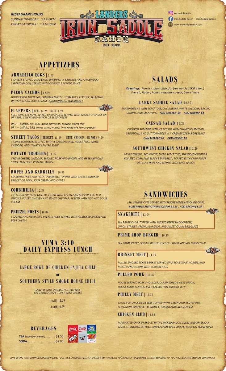 Whiskey Outlaw Steakhouse menu board