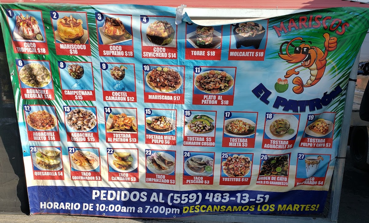 Mariscos El Patron menu board