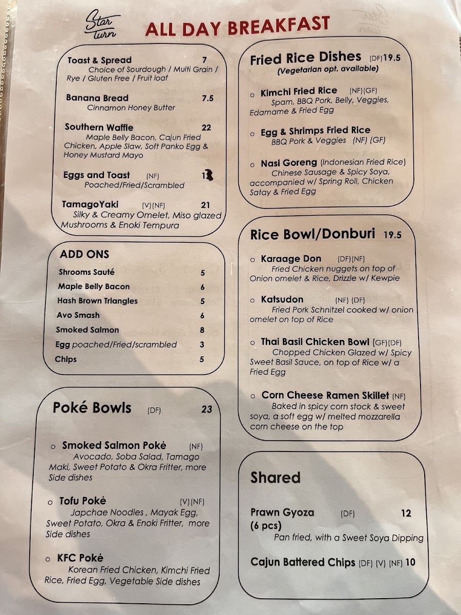 Star Turn menu board
