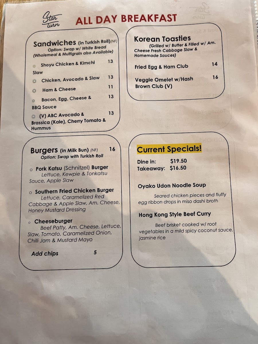 Star Turn menu board