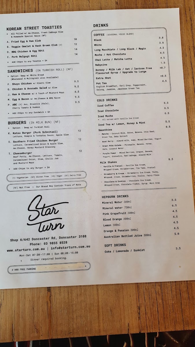 Star Turn menu board