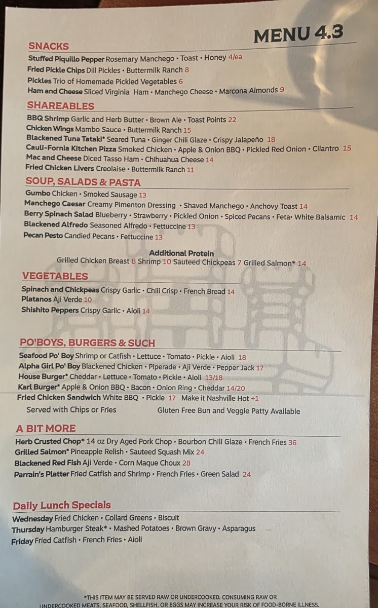 New Iberia Kitchen menu board