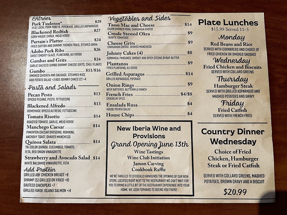 New Iberia Kitchen menu board