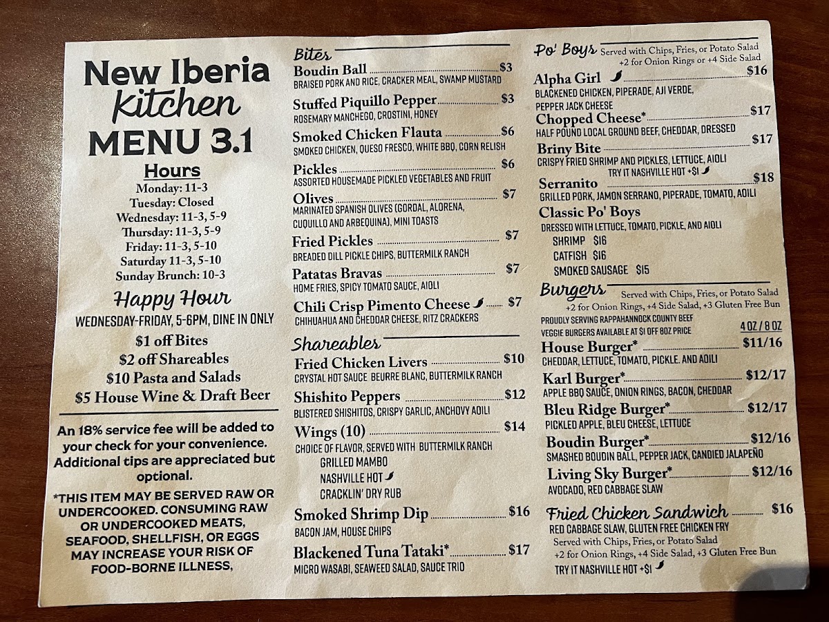 New Iberia Kitchen menu board