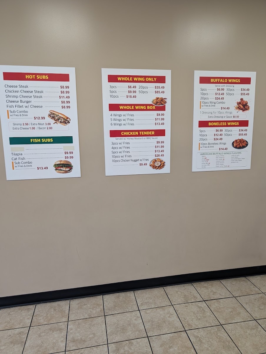 American Buffalo Wings Grilled Fish &Sub menu board