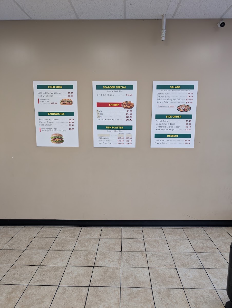 American Buffalo Wings Grilled Fish &Sub menu board