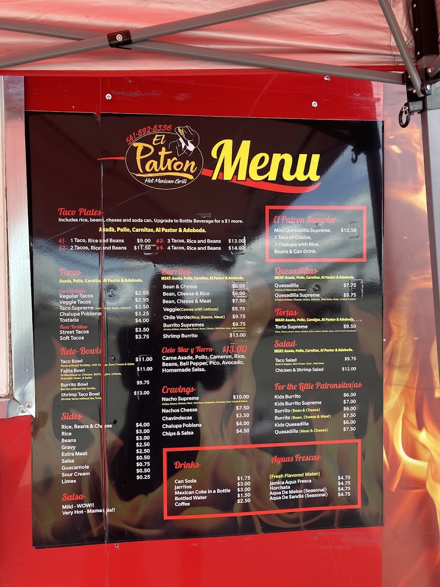 El Patron Hot Mexican Grill, LLC menu board
