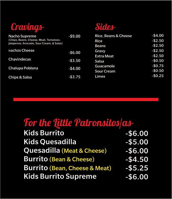 El Patron Hot Mexican Grill, LLC menu board