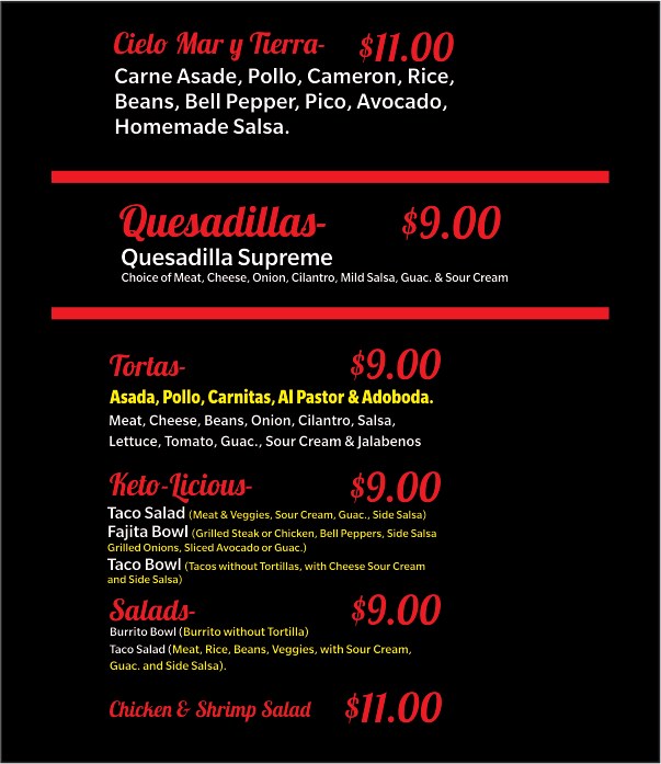 El Patron Hot Mexican Grill, LLC menu board