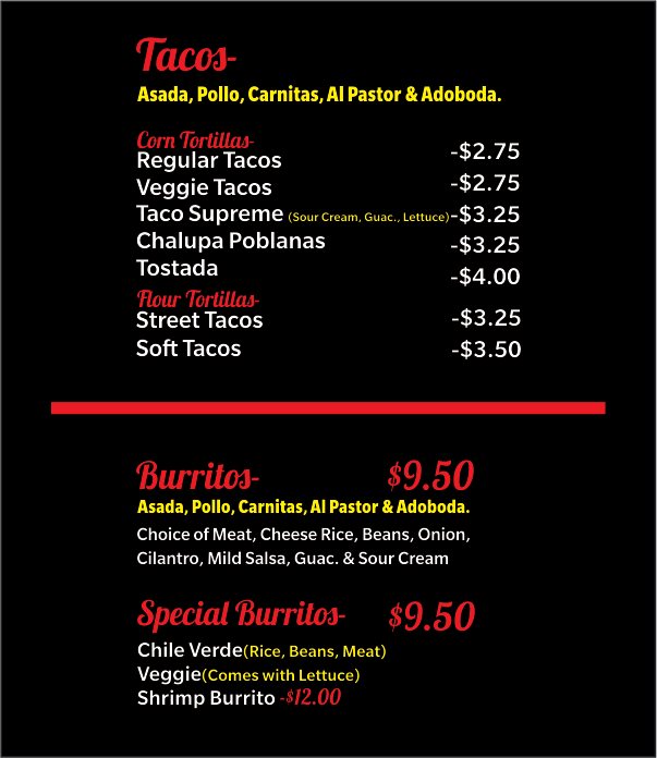 El Patron Hot Mexican Grill, LLC menu board