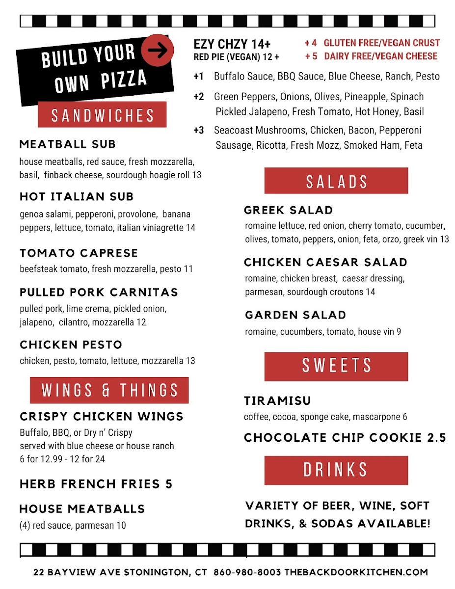 The Back Door Kitchen & Pizzeria menu board