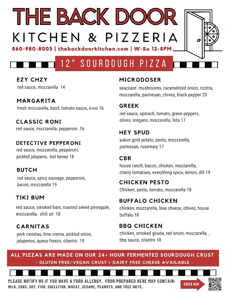 The Back Door Kitchen & Pizzeria menu board