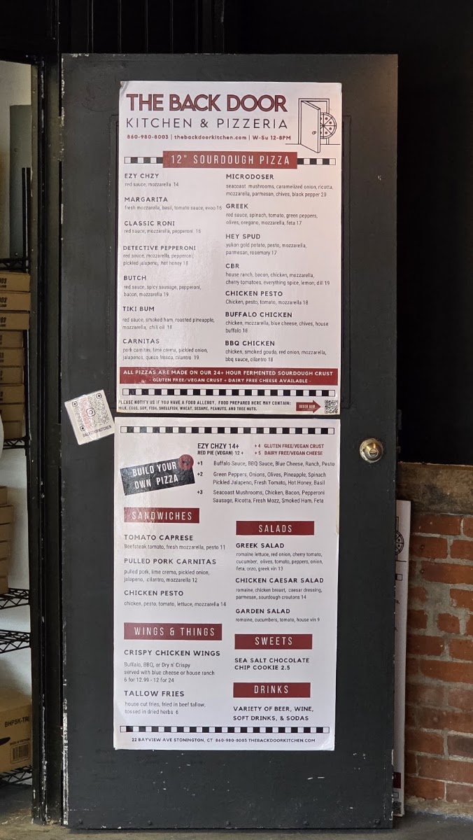 The Back Door Kitchen & Pizzeria menu board