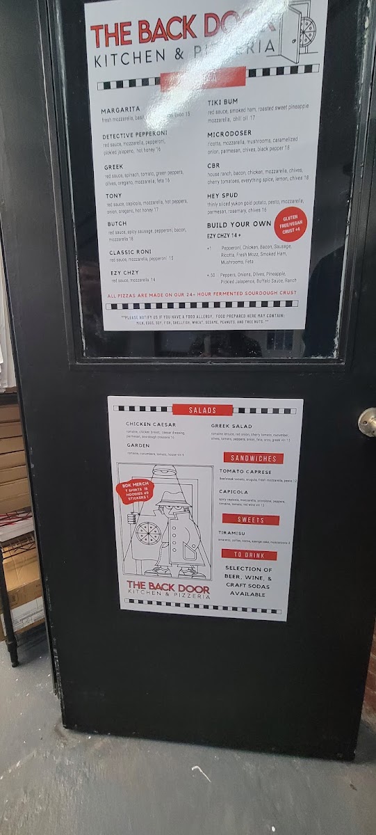 The Back Door Kitchen & Pizzeria menu board