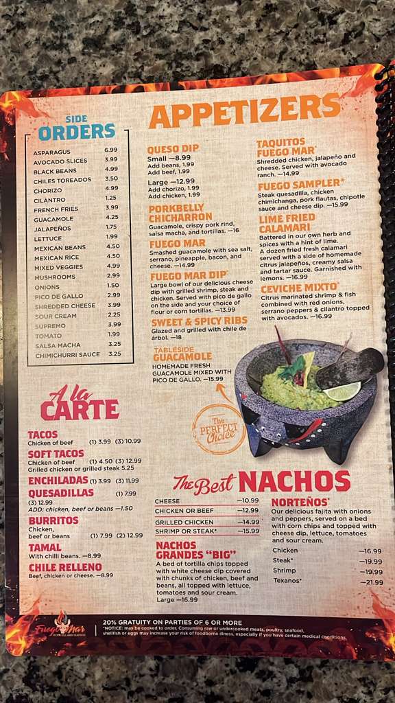 FuegoMar Mex-Grill and Seafood menu board